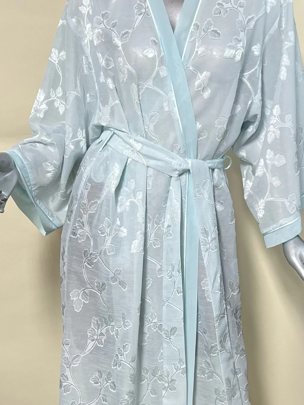 Oscar de la Renta Pink Label Floral Semi Sheer Aqua Light Blue Long Robe LARGE